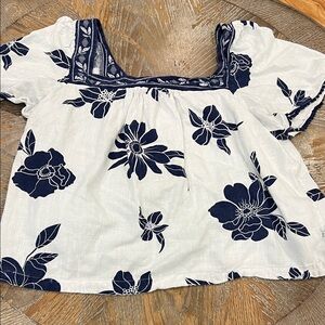 Draper James Navy and White Floral Blouse